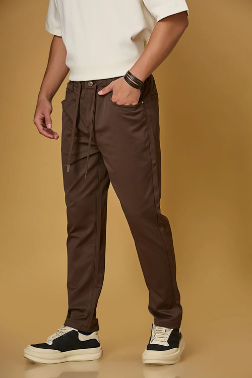 Coffee Brown stretchable trousers side view showing casual comfort fit.