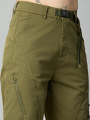 Close-up of premium Tencel fabric, attached belt, and utility detailing on men's cargo pants