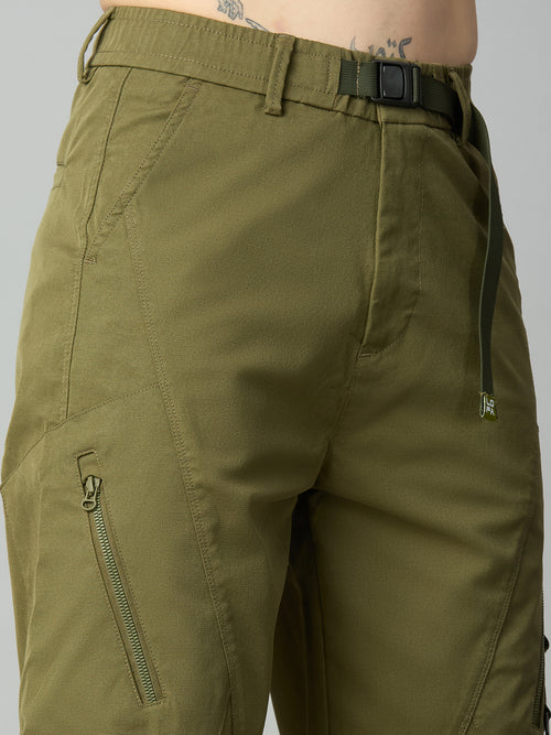 Close-up of premium Tencel fabric, attached belt, and utility detailing on men's cargo pants
