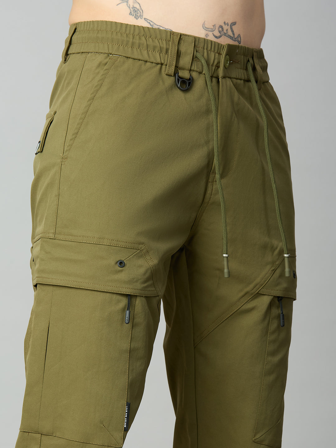 Close-up of adjustable drawstring waistband on men's Tencel comfort cargo pants