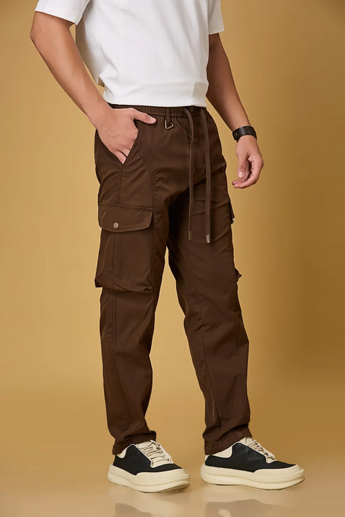 Coffee Brown cargo pants side view showing double cargo pockets and relaxed fit.