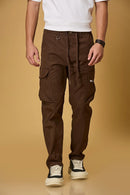 Men’s Coffee Brown polyester cargo pants front view – casual fit trousers with waist string.