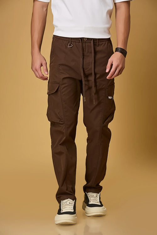 Men’s Coffee Brown polyester cargo pants front view – casual fit trousers with waist string.