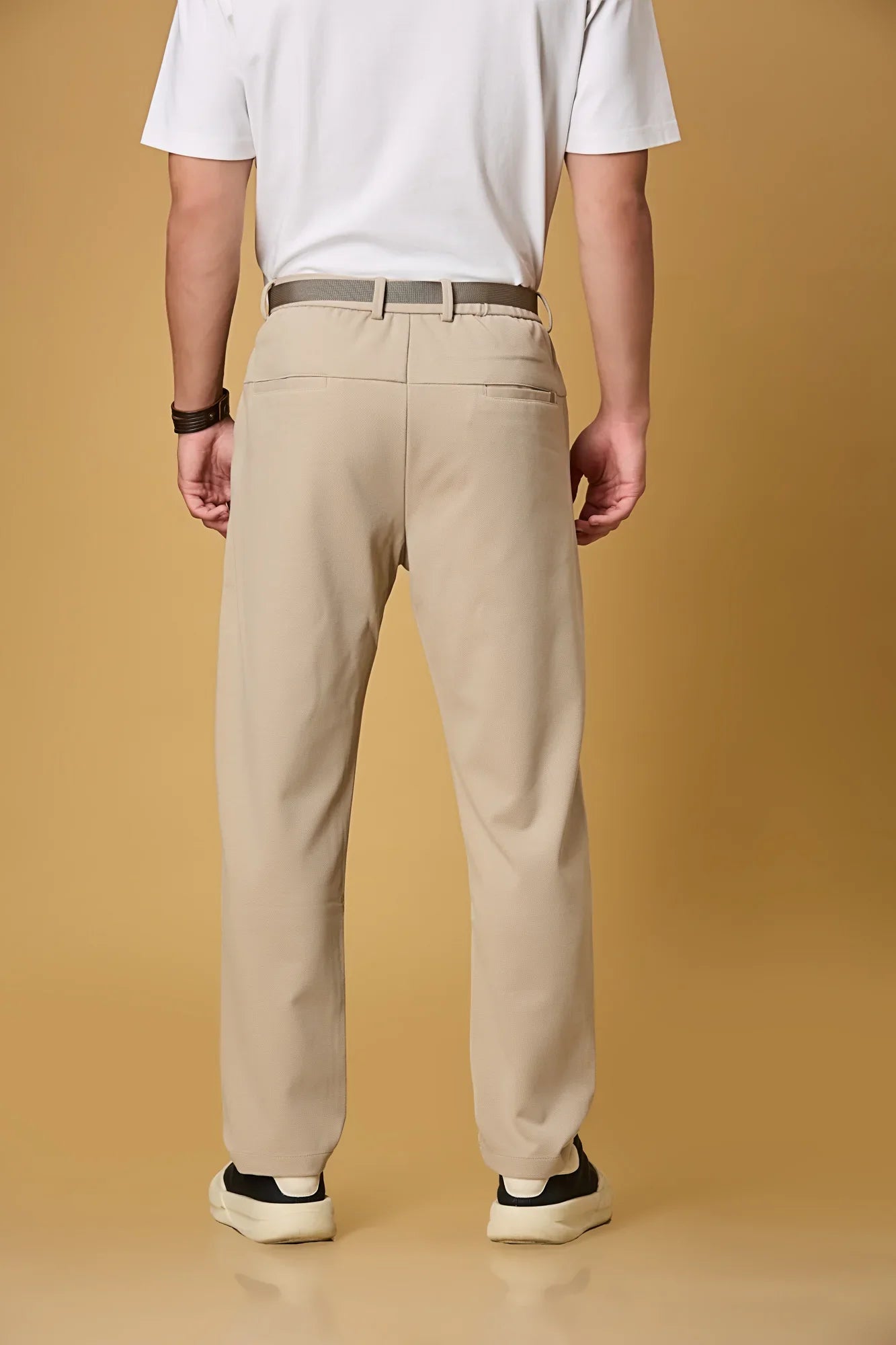 Back view of LOFA Light Khaki straight fit casual trousers – clean seams, tailored back pockets, and premium stretch fabric.