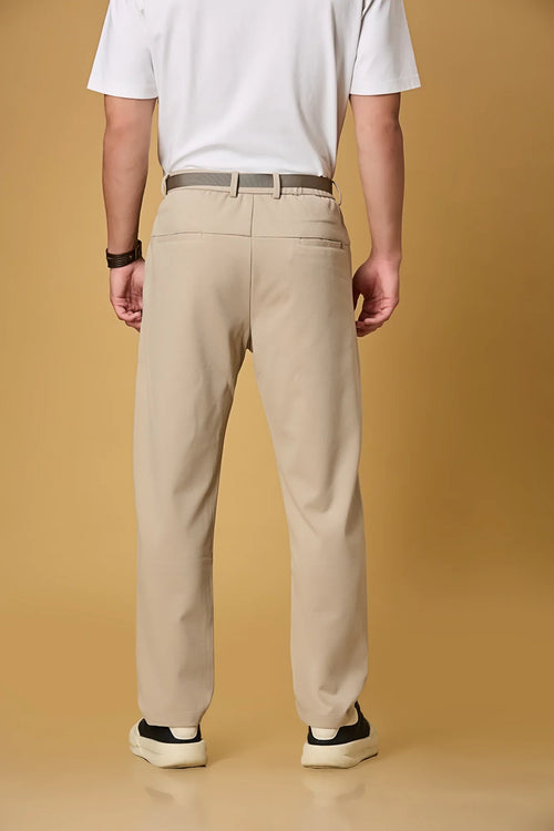 Back view of LOFA Light Khaki straight fit casual trousers – clean seams, tailored back pockets, and premium stretch fabric.
