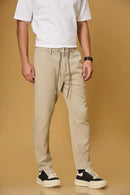 Light khaki trousers side view showing comfort fit and adjustable waist.