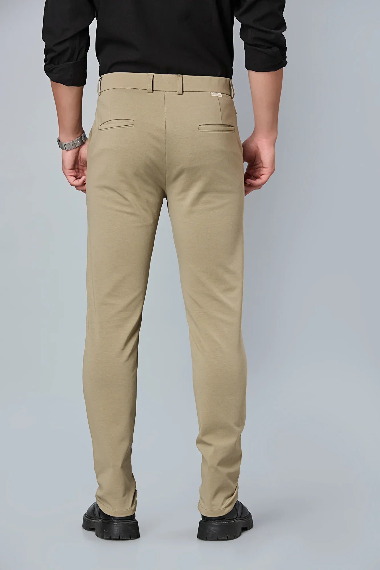Back view of LOFA khaki slim fit formal trousers – clean seams, tailored structure, and premium cotton stretch fabric.