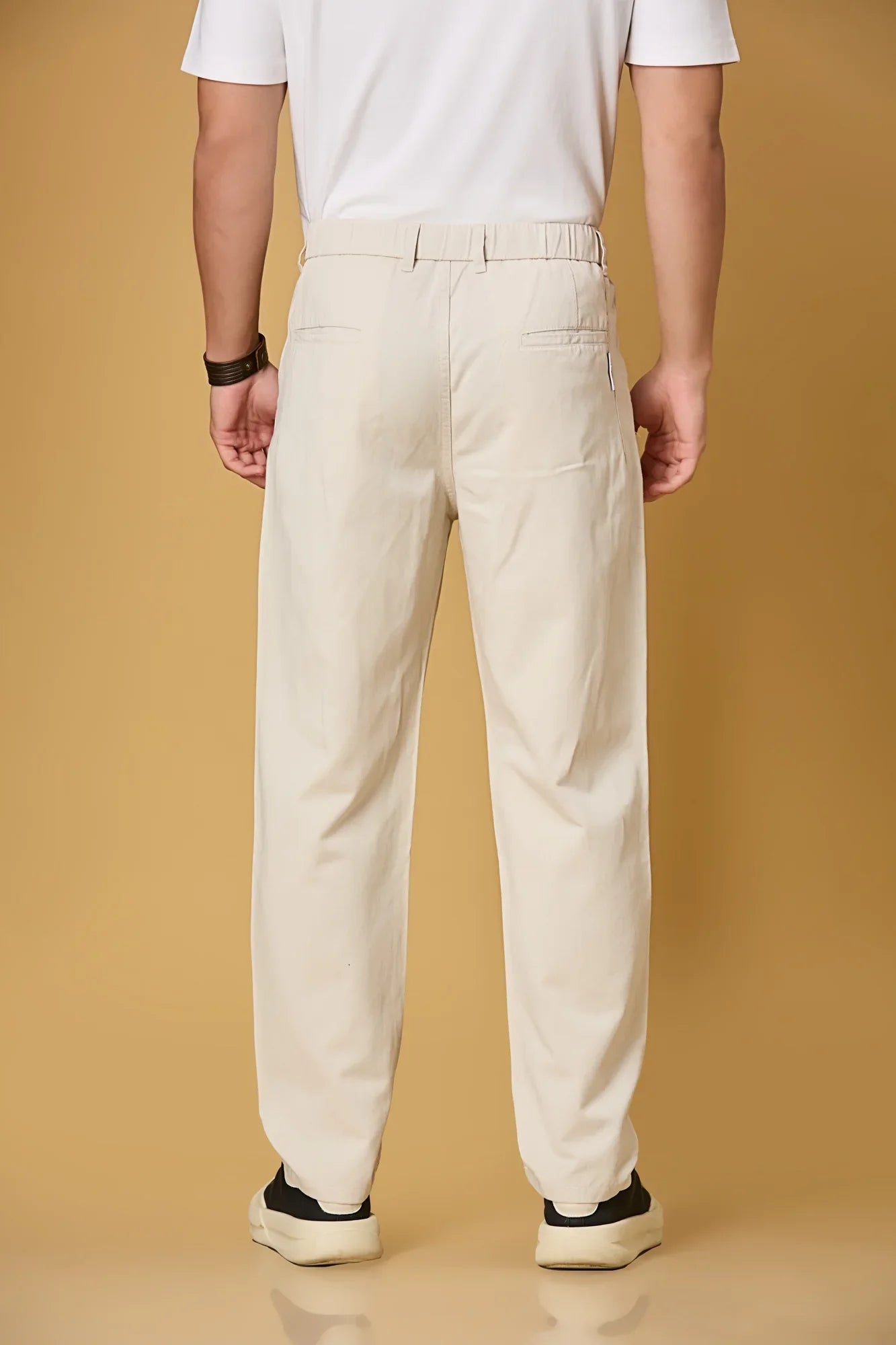 Men’s beige comfort fit trousers back view – soft Tencel-cotton blend.