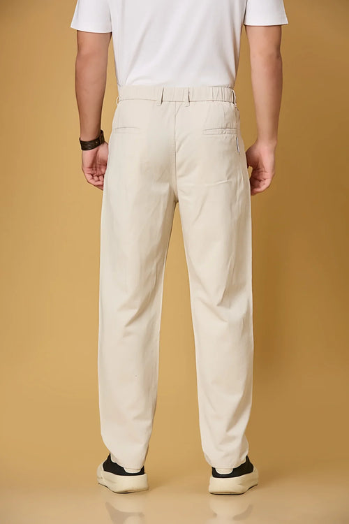 Men’s beige comfort fit trousers back view – soft Tencel-cotton blend.