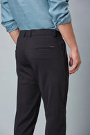 Close-up of nylon–cotton–spandex fabric and fine stitching detail of LOFA stretchable formal trousers.