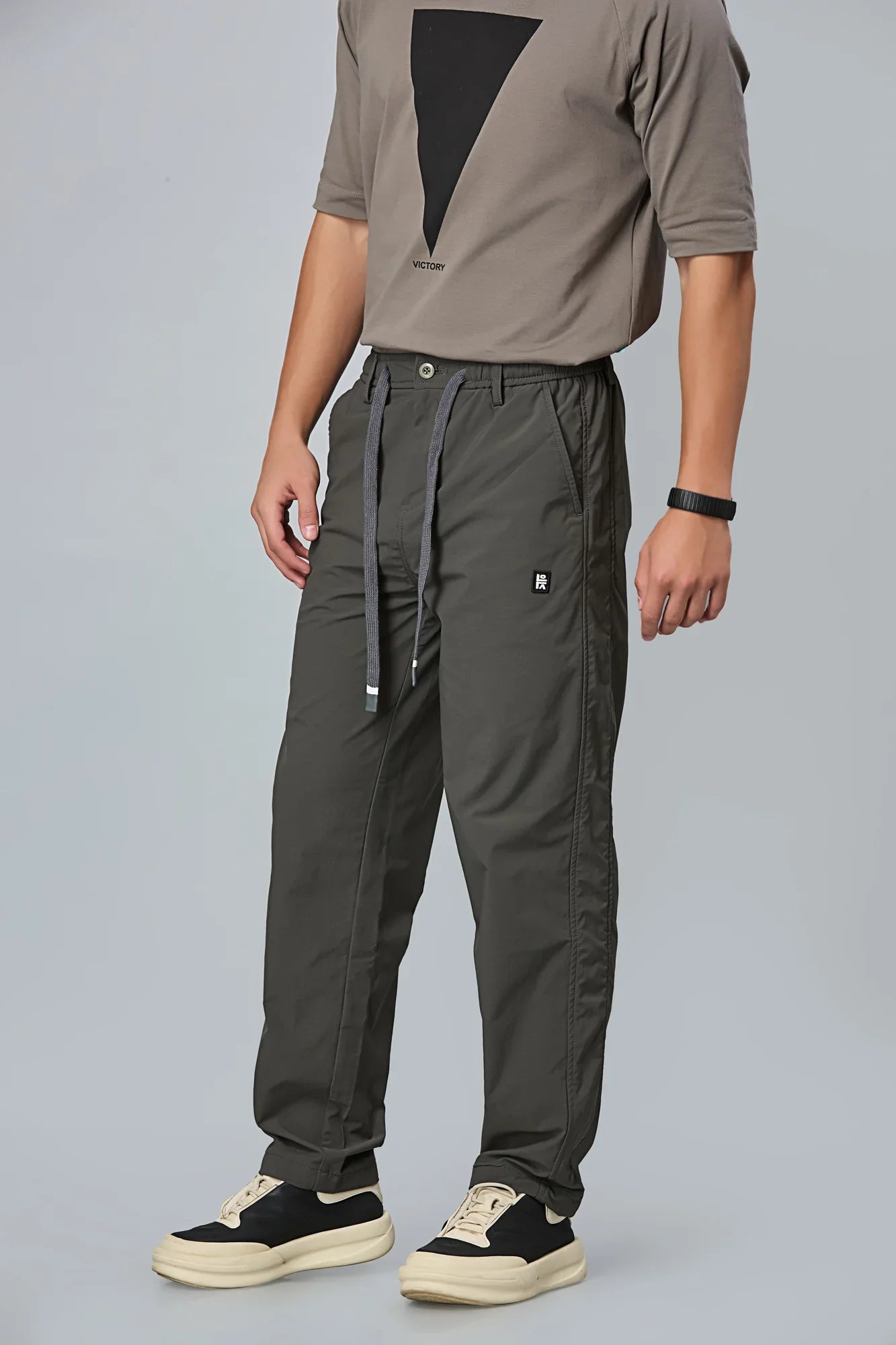 Side View of LOFA Dark Grey Comfort Fit Trousers with Waist String