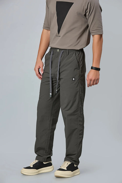 Side View of LOFA Dark Grey Comfort Fit Trousers with Waist String