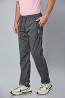 Side View of LOFA Dark Grey Comfort Fit Polyester Trousers with Waist Strings