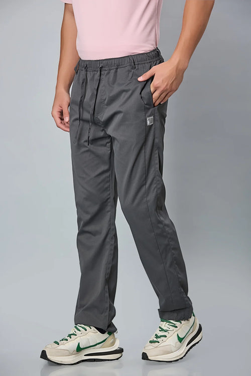 Side View of LOFA Dark Grey Comfort Fit Polyester Trousers with Waist Strings