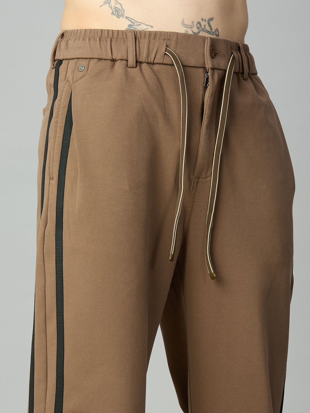 Coffee Baggy Smart Pants with Side Stripes