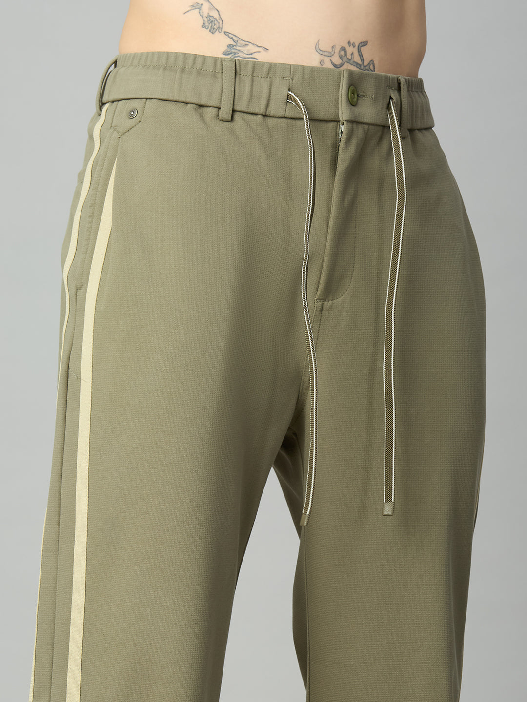 Off Green Baggy Smart Pants with Side Stripes