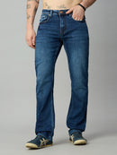 Men's blue straight fit stretch denim jeans with classic five-pocket design – front view