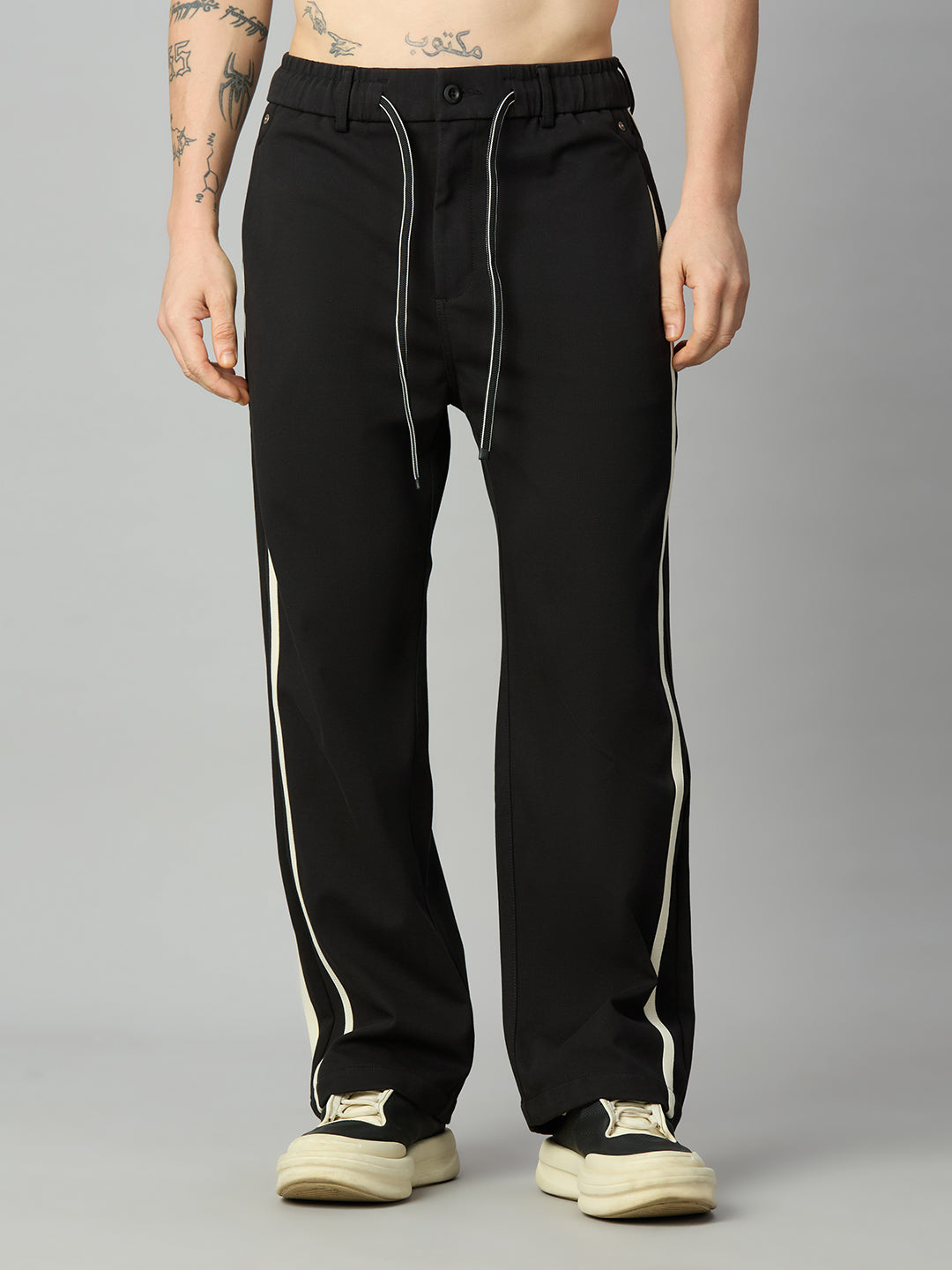 Black Baggy Smart Pants with Side Stripes