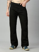Men's black straight fit stretch denim jeans with classic five-pocket design – front view