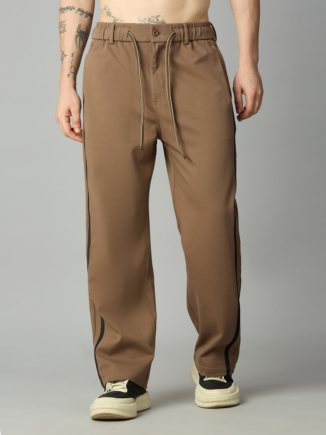 Coffee Baggy Smart Pants with Side Stripes