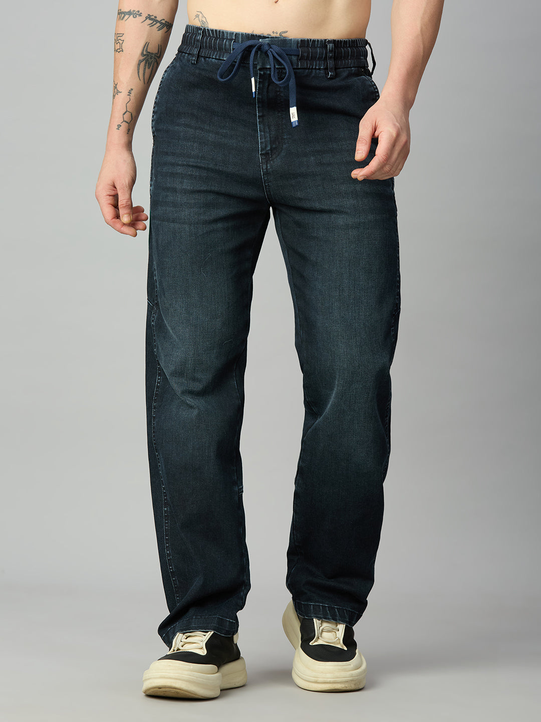 Baggy Fit Stretch Denim Jeans with Green Side Stripe