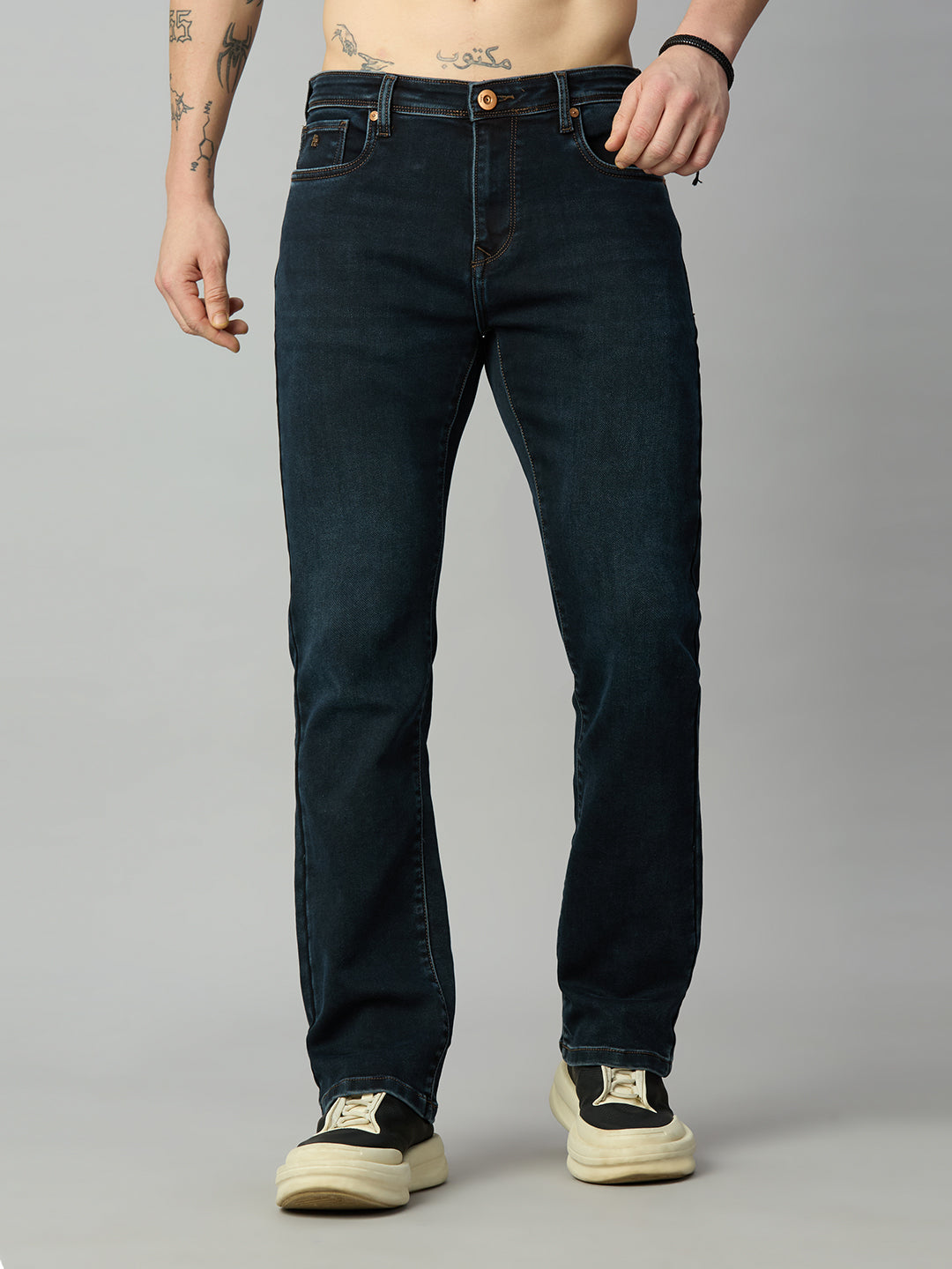 Dark Blue Washed Straight Fit Stretch Denim Jeans