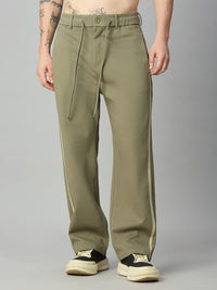 Off Green Baggy Smart Pants with Side Stripes