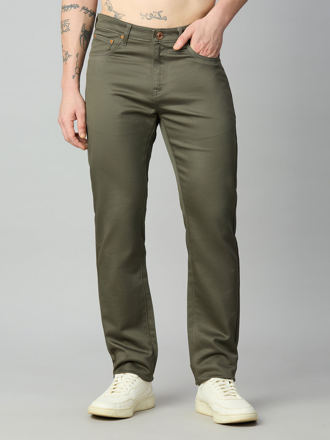 Olive Stretch Cotton Blend Comfort Trousers