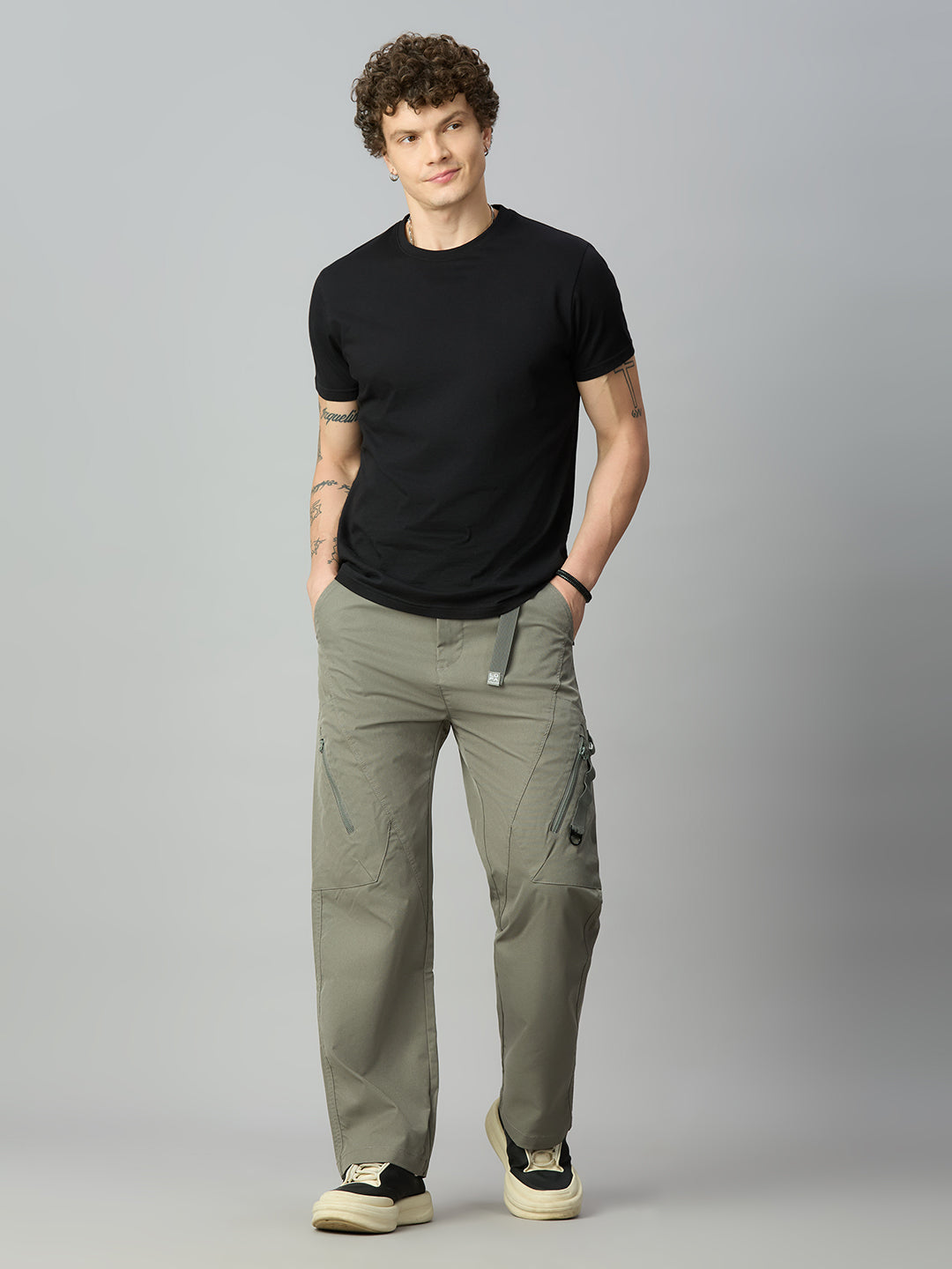 Men's premium baggy Tencel cargo pants styled with streetwear outfit for a modern utility look
