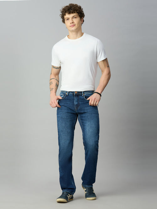 Model wearing The Lofa men's blue straight fit stretch denim jeans styled for a timeless everyday casual look