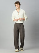 Model wearing Korean fit baggy Tencel pants with contemporary casual styling