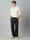 Model wearing The Lofa men's deep blue baggy denim jeans with side waist adjusters for a modern streetwear look
