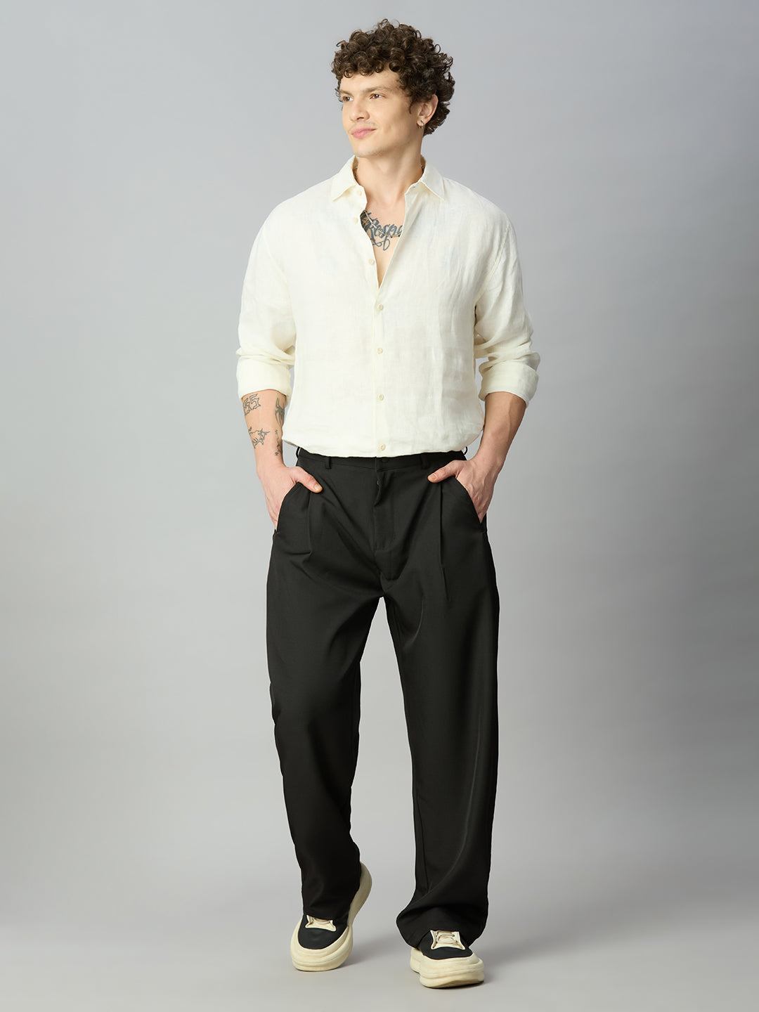 Model wearing Korean fit baggy Tencel pants with contemporary casual styling