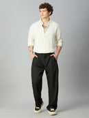 Model wearing Korean fit baggy Tencel pants with contemporary casual styling