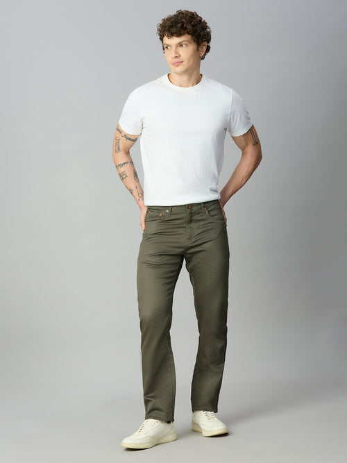 Model wearing Lofa™ stretch cotton blend straight fit trousers styled for smart casual and everyday wear