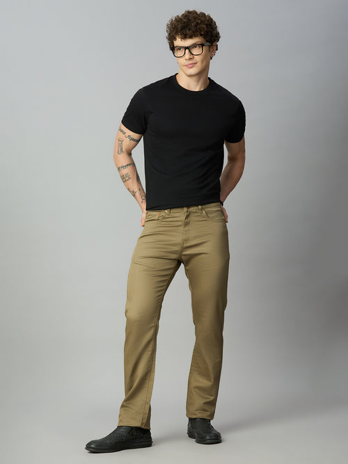 Model wearing Lofa™ stretch cotton blend straight fit trousers styled for smart casual and everyday wear
