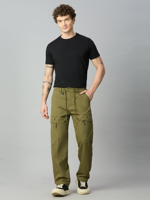 Model wearing The Lofa men's Tencel comfort fit cargo pants with drawstring for a modern streetwear look