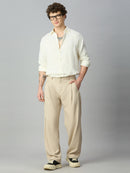 Model wearing Korean fit baggy Tencel pants with contemporary casual styling