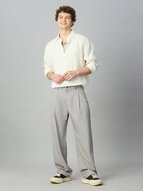 Model wearing Korean fit baggy Tencel pants with contemporary casual styling