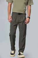 Men’s grey polyester trousers front view – comfort fit with double pleats and belt.