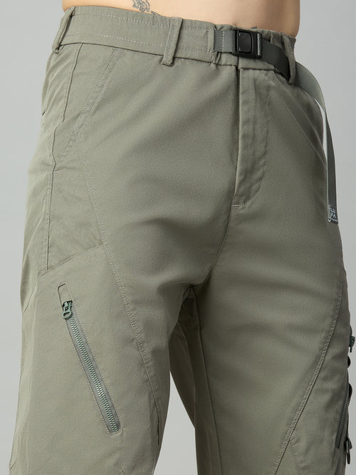 Close-up of premium Tencel fabric, attached belt, and utility detailing on men's cargo pants