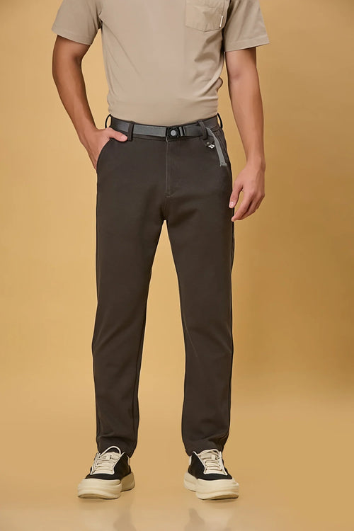 Front view of LOFA men’s grey straight fit trousers with built-in belt – stretchable Tencel cotton blend fabric.