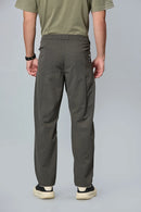 Men’s grey formal trousers back view – 100% polyester with elastic waist.