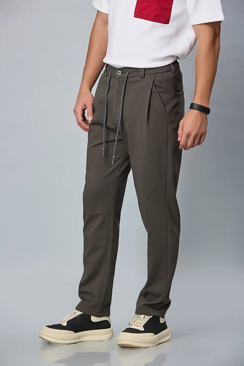 Side View of grey Relaxed Fit Stretchable Trousers with Waist String – LOFA