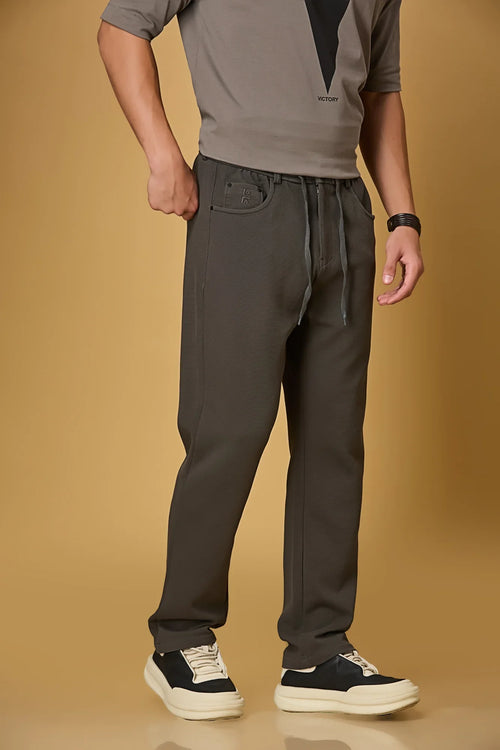 Side View of grey Relaxed Fit Trousers with Waist String – LOFA