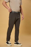 Side view of grey straight fit Casual trousers for men – LOFA stretchable Tencel cotton spandex blend with belt detail.