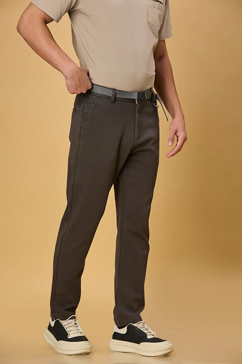 Side view of grey straight fit Casual trousers for men – LOFA stretchable Tencel cotton spandex blend with belt detail.