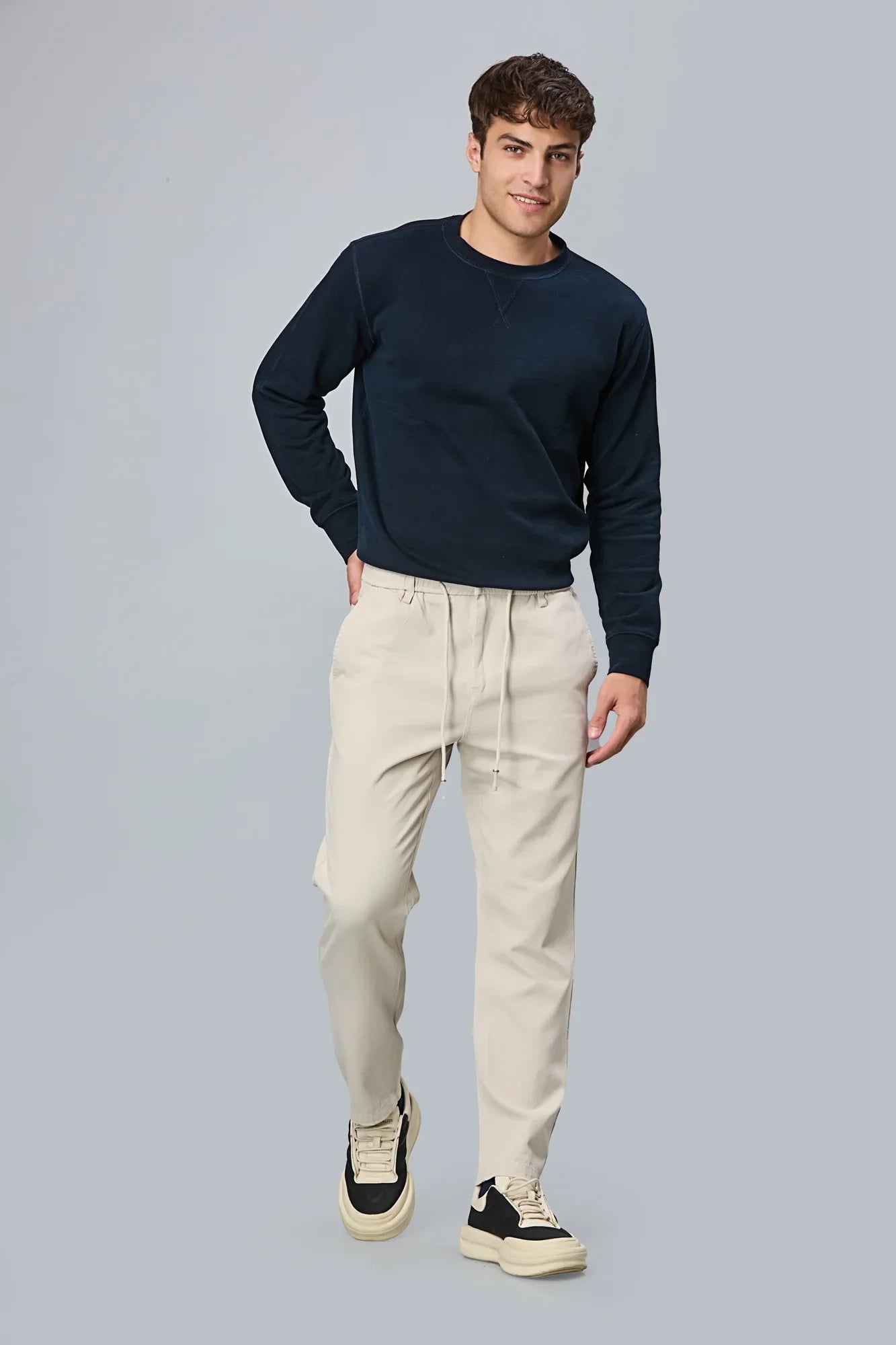 LOFA Men’s beige Cotton-Tencel Comfort Fit Trousers Styled Full LookLOFA Men’s beige Cotton-Tencel Comfort Fit Trousers Styled Full Look