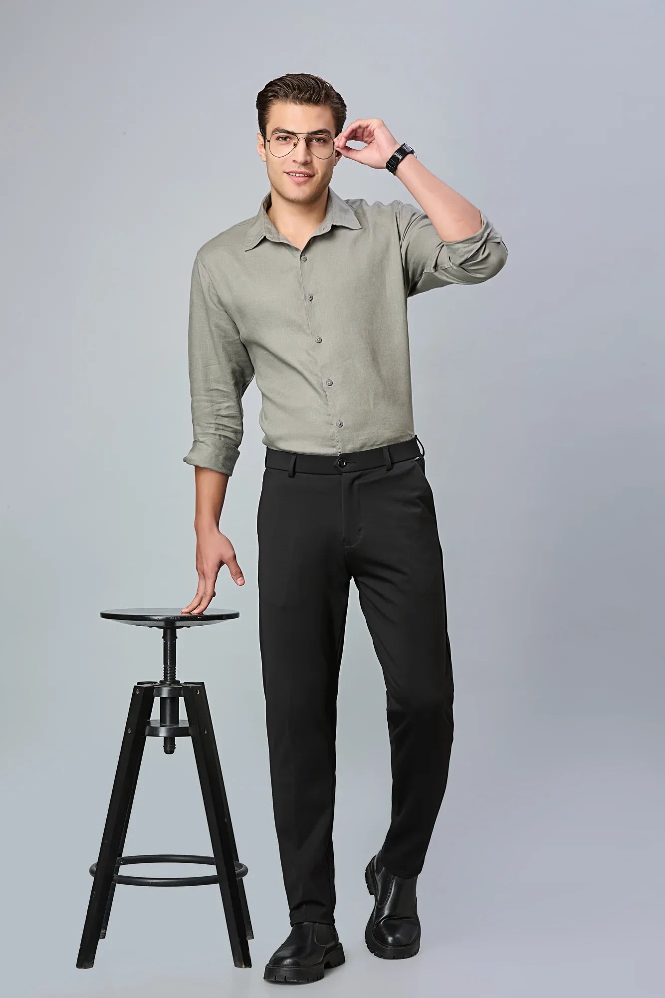 Full look of men’s formal trousers styled with shirt and shoes – LOFA comfort stretch pants for office and formal wear.