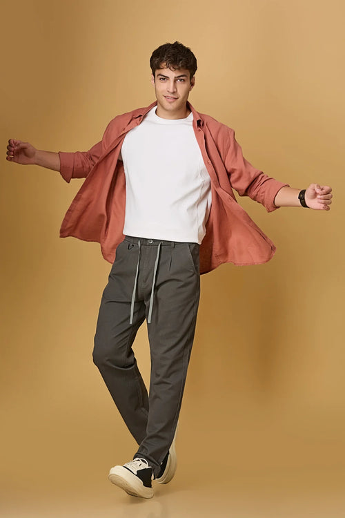 LOFA grey Tencel-cotton trousers styled for men – comfort fit and casual elegance.